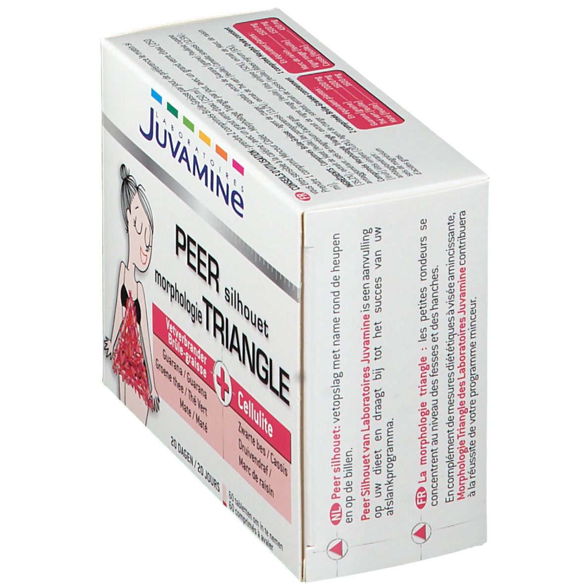 Schräg gestellte Verpackung mit Juvamine-Produkt. Aufschrift: Peer Silhouette Triangle, Cellulite. 60 Tabletten.