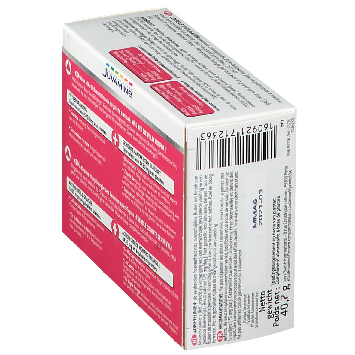 Schräg gestellte Verpackung mit Juvamine-Produkt. Text in mehreren Sprachen. Enthält Informationen zu Inhaltsstoffen.