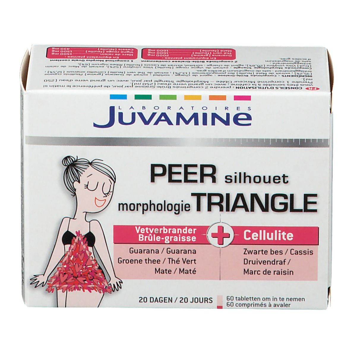 Verpackung mit Juvamine-Produkt. Aufschrift: Peer Silhouette Triangle, Cellulite. Enthält 60 Tabletten.