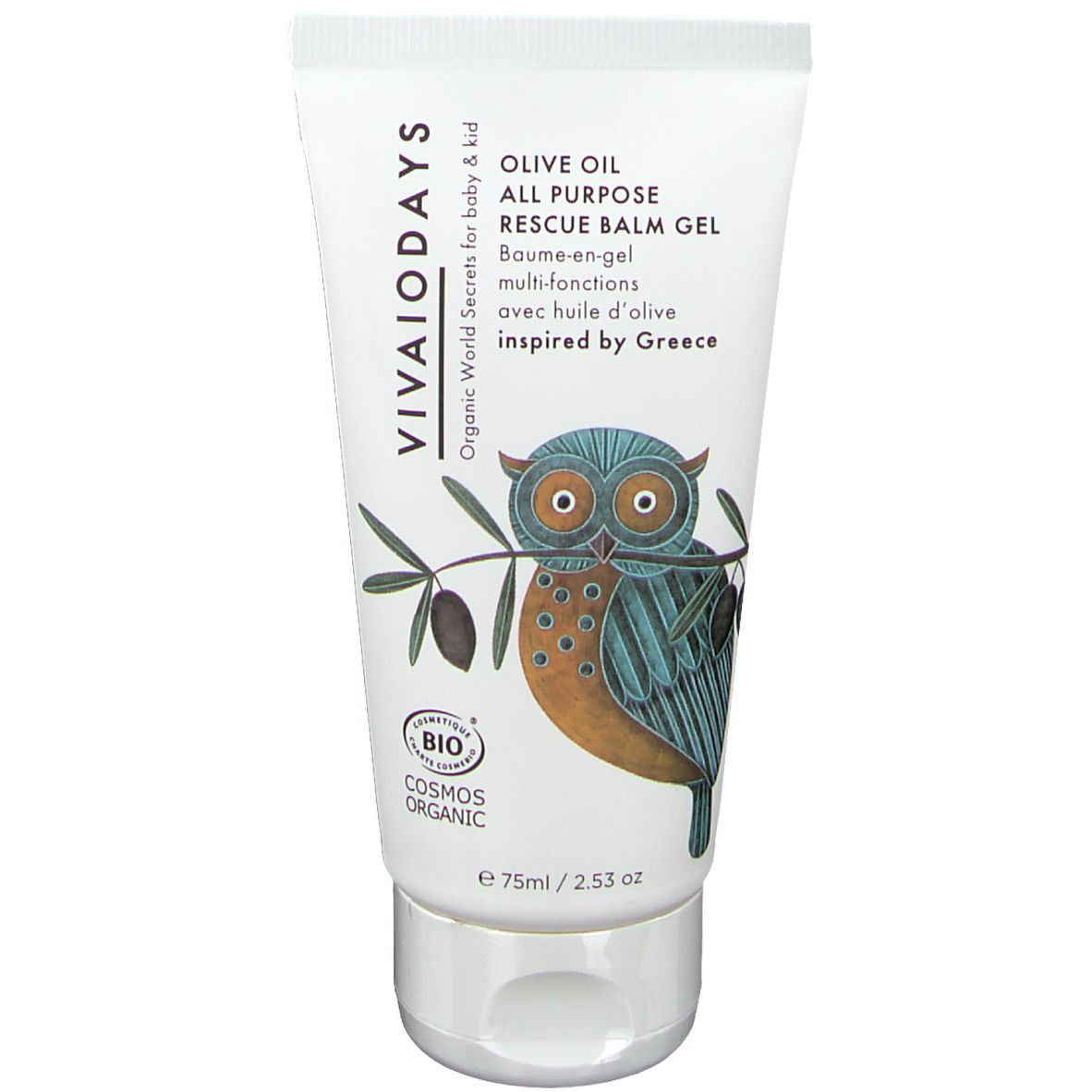 Tube blanc avec nom du produit et illustration de hibou. Texte: "VIVAIO DAYS", "Olive Oil All Purpose Rescue Balm Gel". Certification bio.