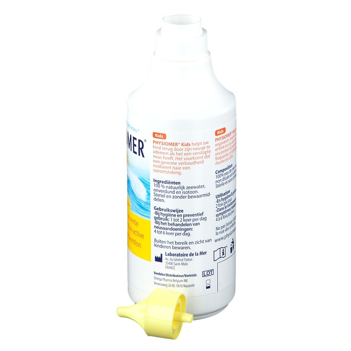 Flacon blanc avec embout jaune. Inscription: PHYSIOMER Kids. Texte au dos. Embout jaune à côté.