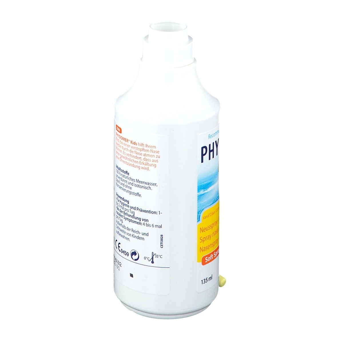 Flacon blanc avec embout jaune. Inscription: PHYSIOMER, Spray nasal. 135 ml. Embout jaune à côté.