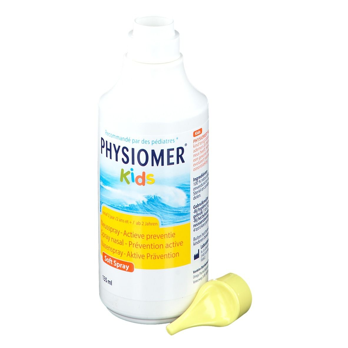 Flacon blanc avec embout jaune. Inscription: PHYSIOMER Kids, Spray nasal. 135 ml. Embout jaune à côté.