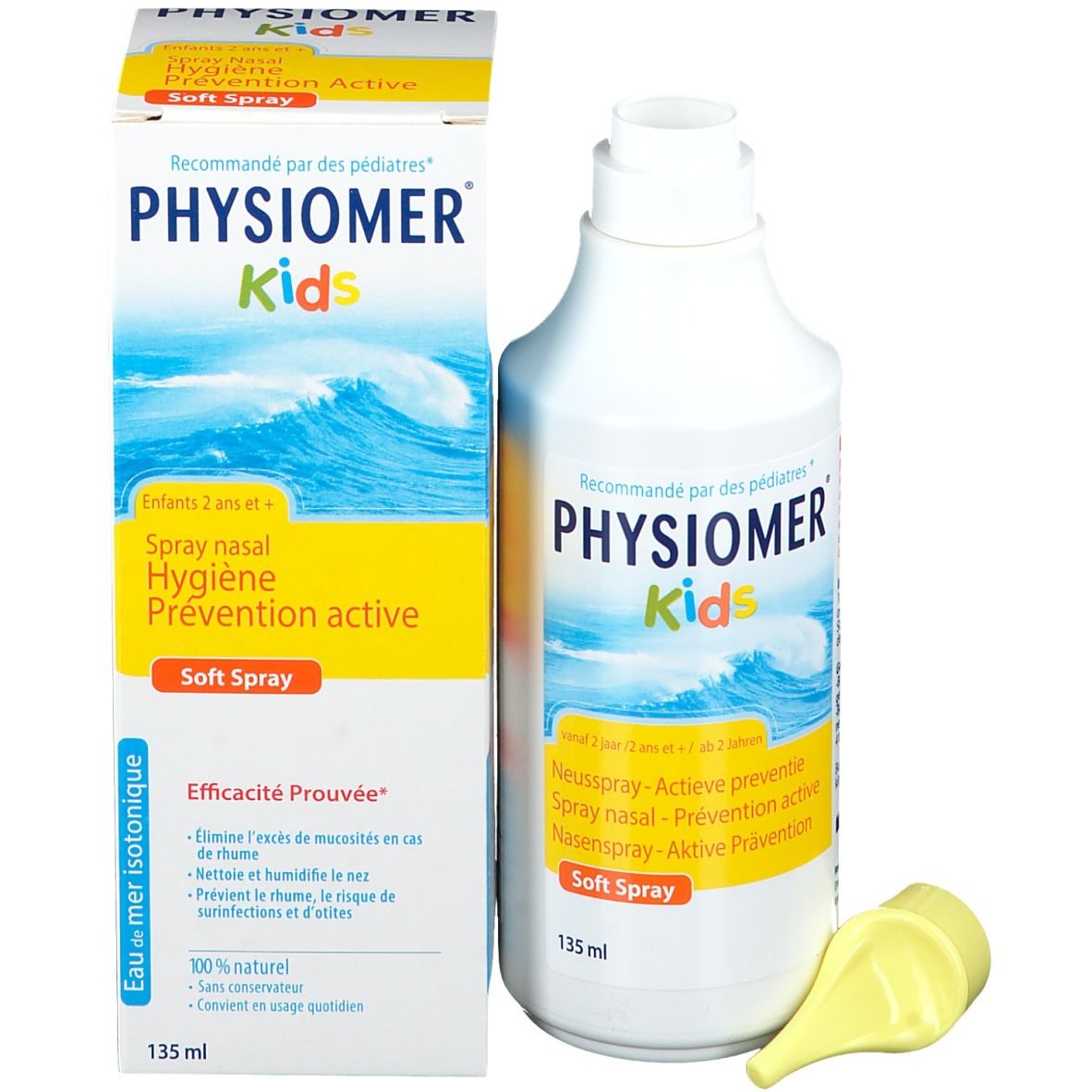 Emballage et flacon. Inscription: PHYSIOMER Kids, Spray nasal. 135 ml. Embout jaune à côté.
