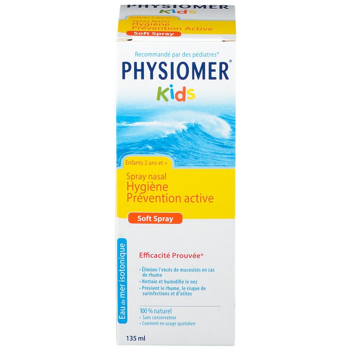 Emballage du produit. Inscription: PHYSIOMER Kids, Spray nasal. 135 ml. Embout jaune à côté.