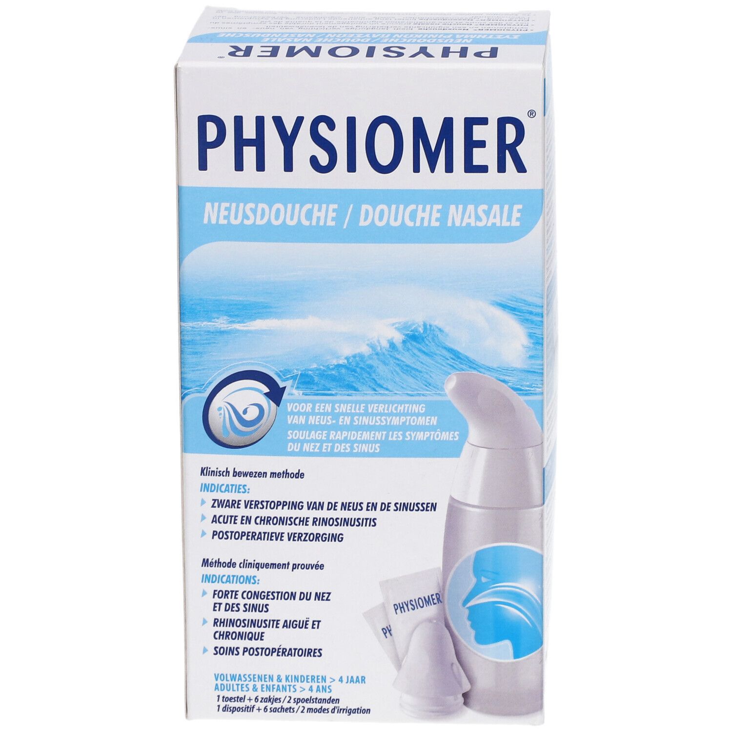 Verpakking met neusdouche. Opschrift PHYSIOMER, Neusdouche / Douche Nasale. Bevat neusdouche en zakjes.