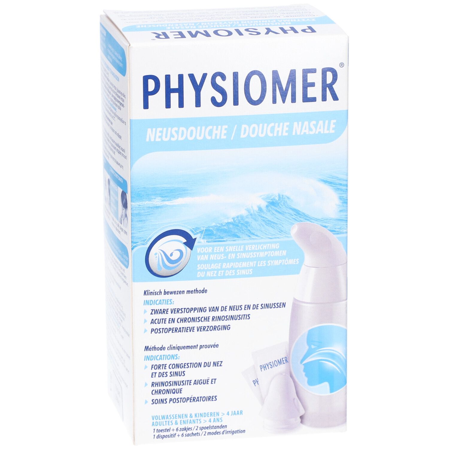 Verpakking met neusdouche. Opschrift PHYSIOMER, Neusdouche / Douche Nasale. Bevat neusdouche en zakjes.