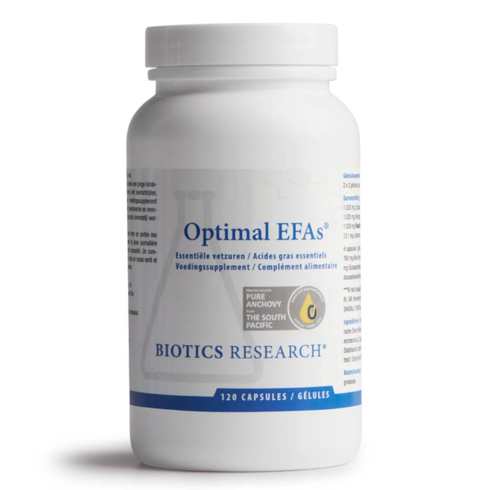 Flacon blanc "Optimal EFAS®". Inscription : "Essentielle vetzuren / Acides gras essentiels". 120 gélules. Marque : Biotics Research.