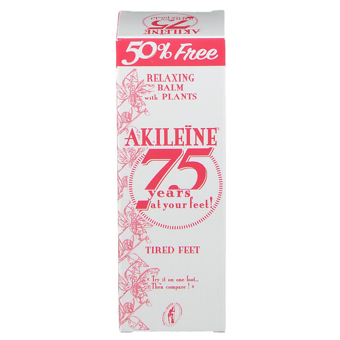 Emballage blanc avec texte rouge. "Akileïne 75". Texte : "Relaxing balm with plants". "Tired feet".