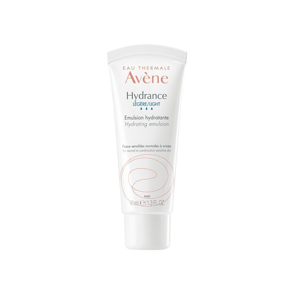 Tube blanc "Eau Thermale Avène Hydrance Légère/Light". Contient une émulsion hydratante.