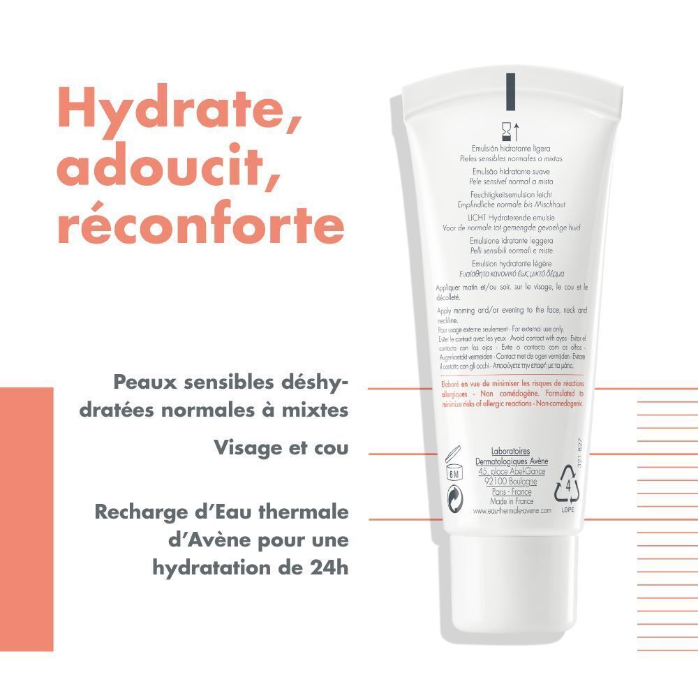 Tube blanc "Eau Thermale Avène Hydrance Légère/Light". Contient une émulsion hydratante.