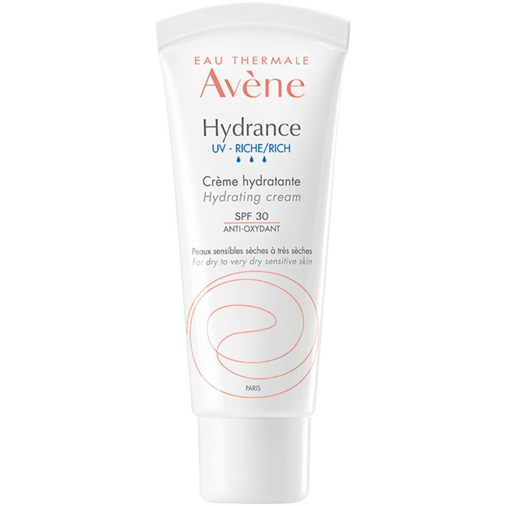 Tube blanc Avène Hydrance. Inscription: Hydrance, SPF 30, Anti-Oxydant. Pour peaux sèches.