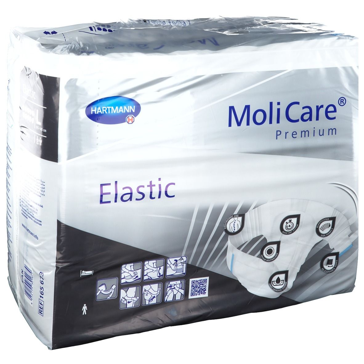 Emballage MoliCare Premium Elastic. Marque Hartmann. Taille L. Couche individuelle visible. Emballé dans du plastique.