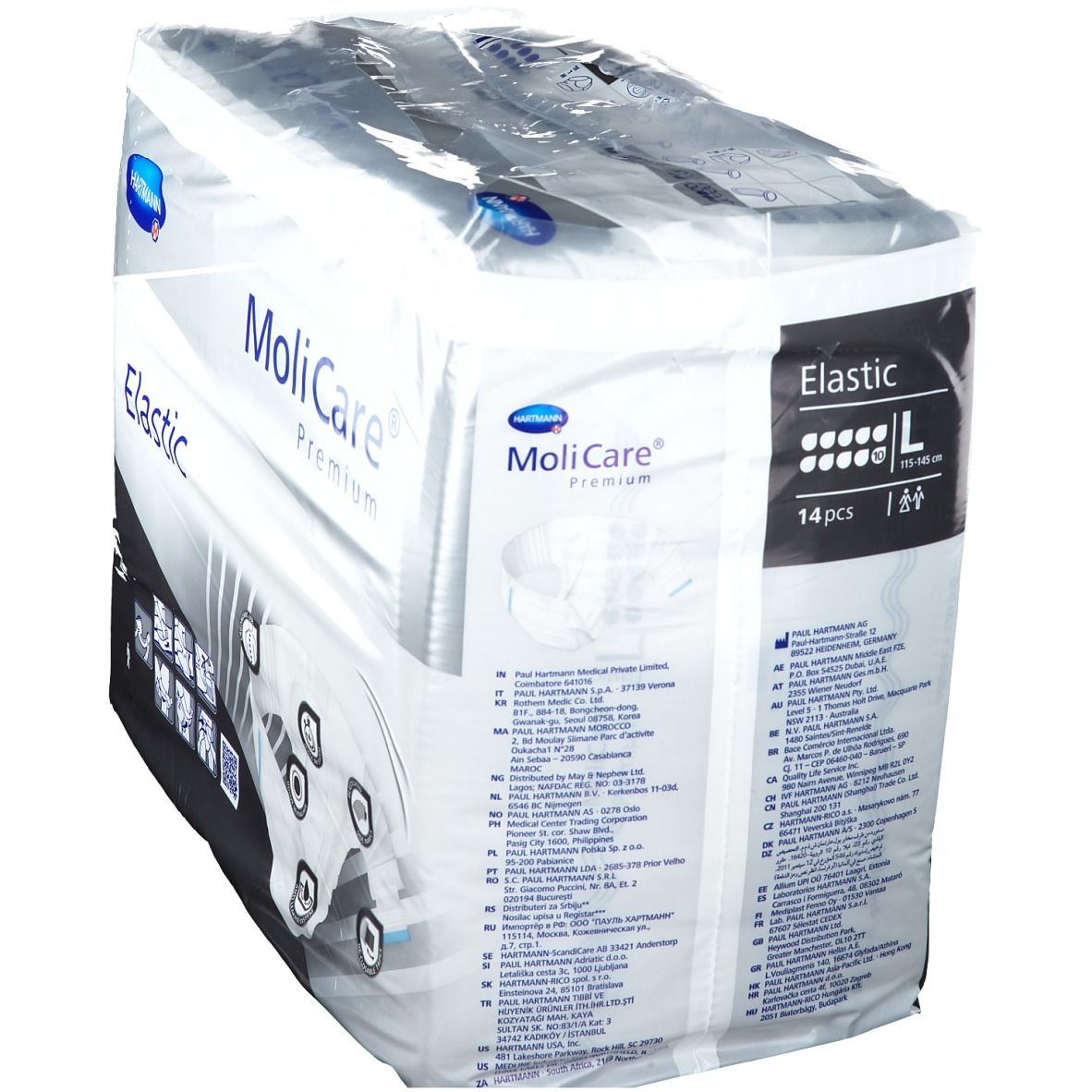 Emballage MoliCare Premium Elastic. Marque Hartmann. Taille L. 14 pièces. Emballé dans du plastique.