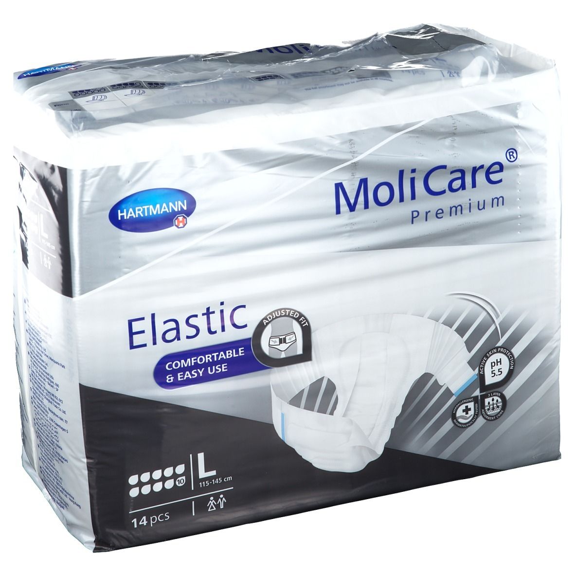Emballage MoliCare Premium Elastic. Marque Hartmann. Taille L. 14 pièces. Taille 115-145 cm. Emballé dans du plastique.