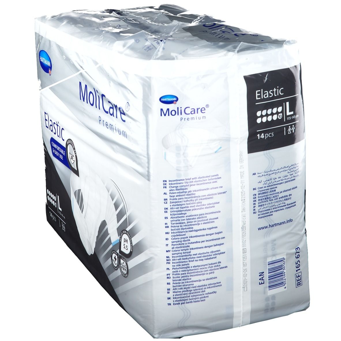 Emballage MoliCare Premium Elastic. Marque Hartmann. Taille L. 14 pièces. Informations de taille. Emballé dans du plastique.