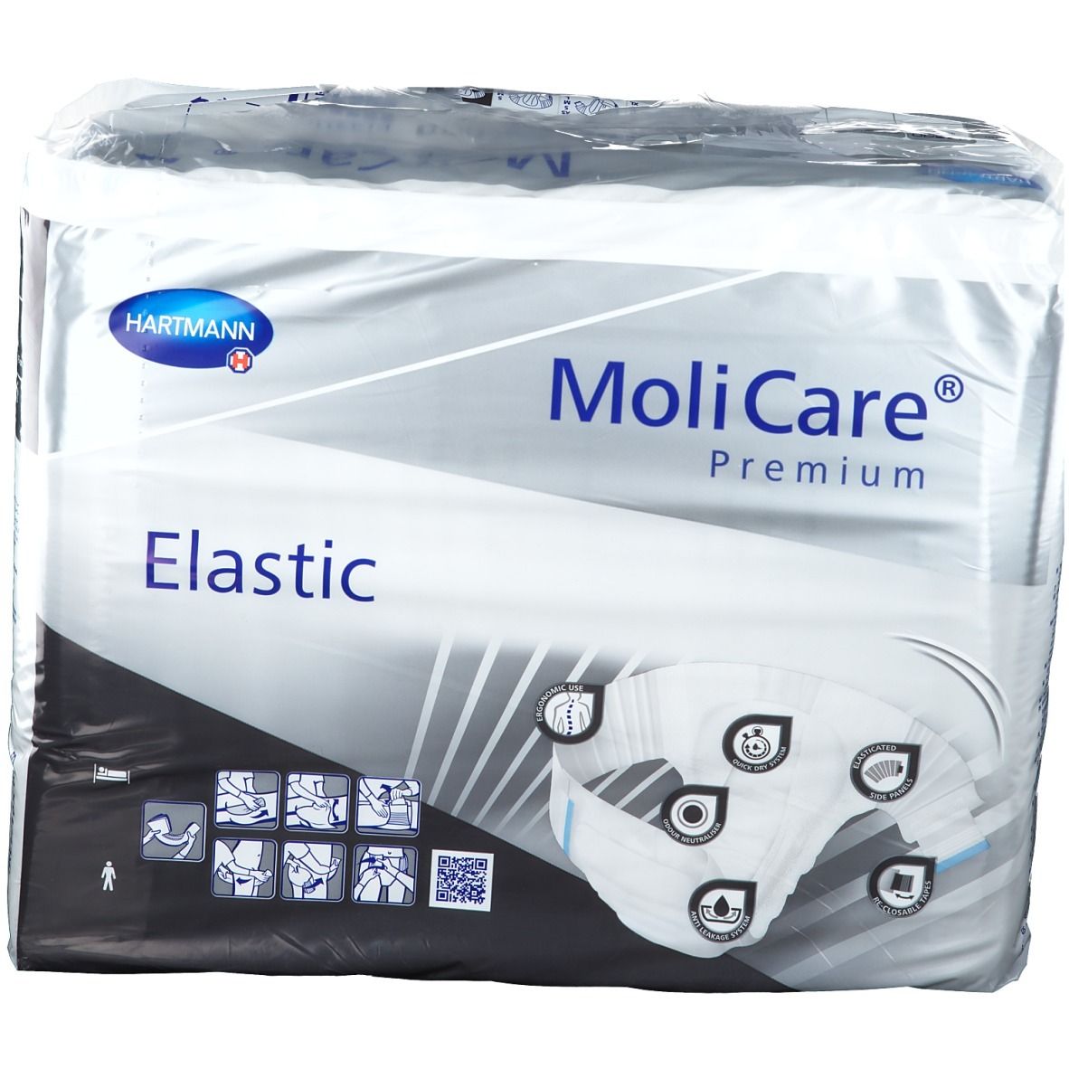 Emballage MoliCare Premium Elastic. Marque Hartmann. Taille L. Couche individuelle visible. Emballé dans du plastique.