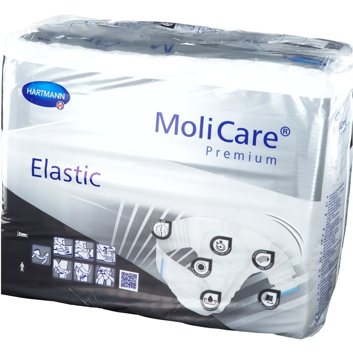 Emballage MoliCare Premium Elastic. Marque Hartmann. Taille L. Couche individuelle visible. Emballé dans du plastique.