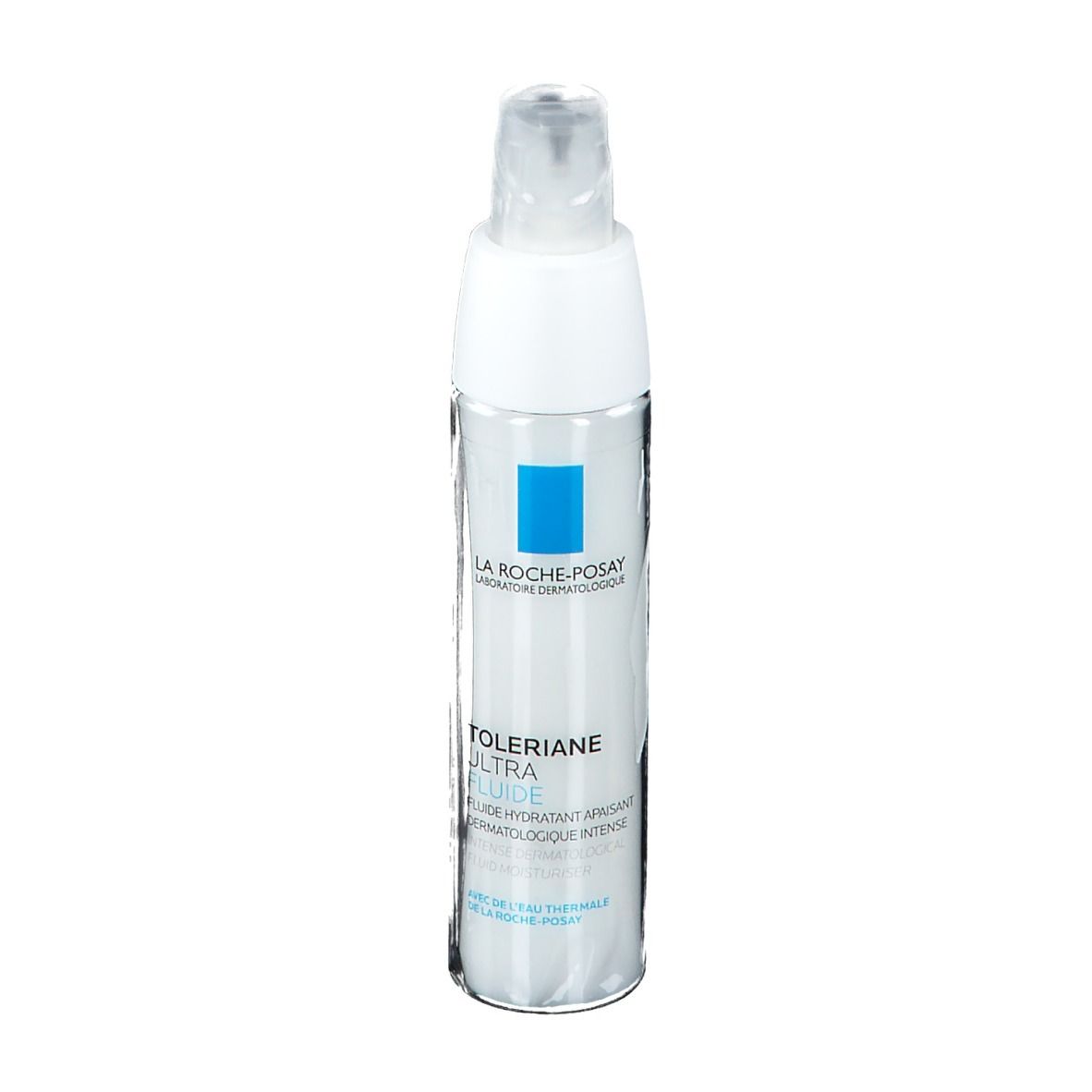 Fles La Roche-Posay Tolerian Ultra Fluide. Wit met blauw accent. Met pompje.