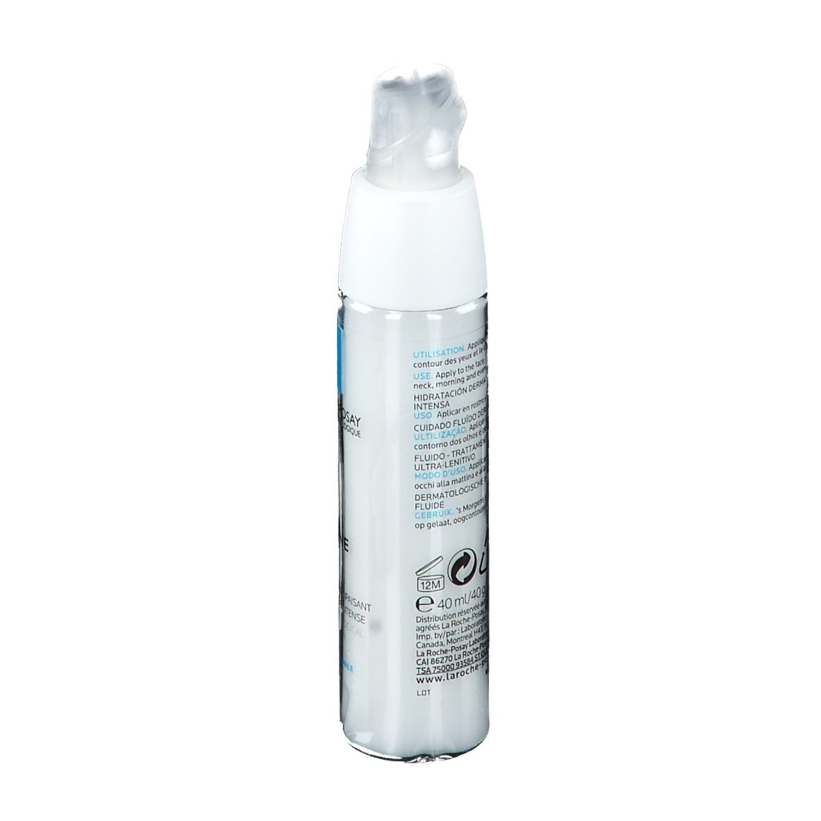 Achterkant fles La Roche-Posay Tolerian Ultra Fluide. Tekst en etiket.