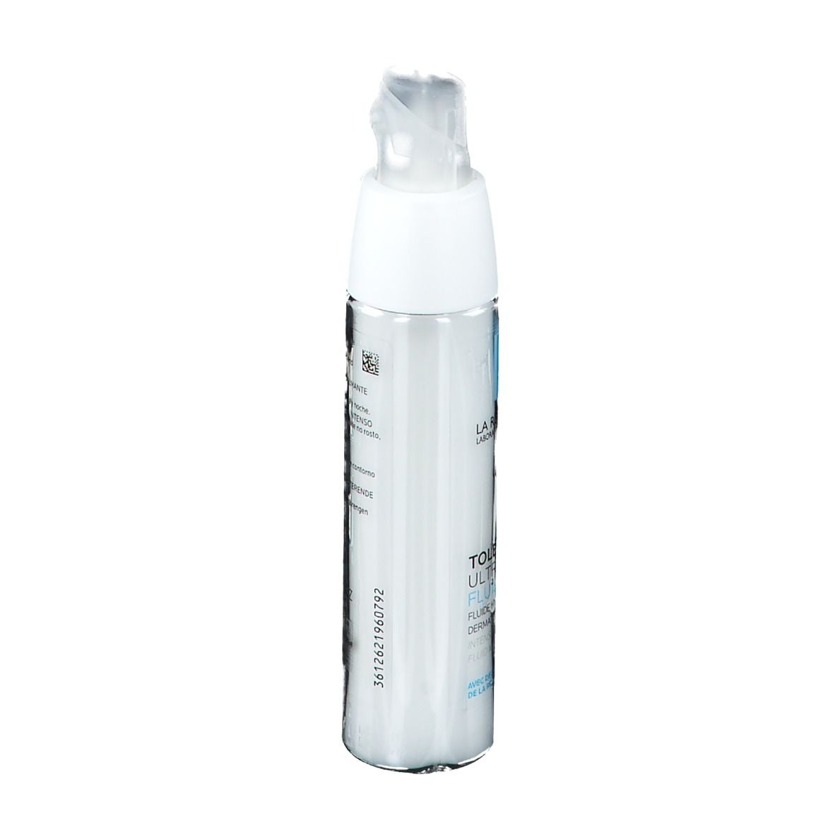 Achterkant fles La Roche-Posay Tolerian Ultra Fluide. Tekst en etiket.