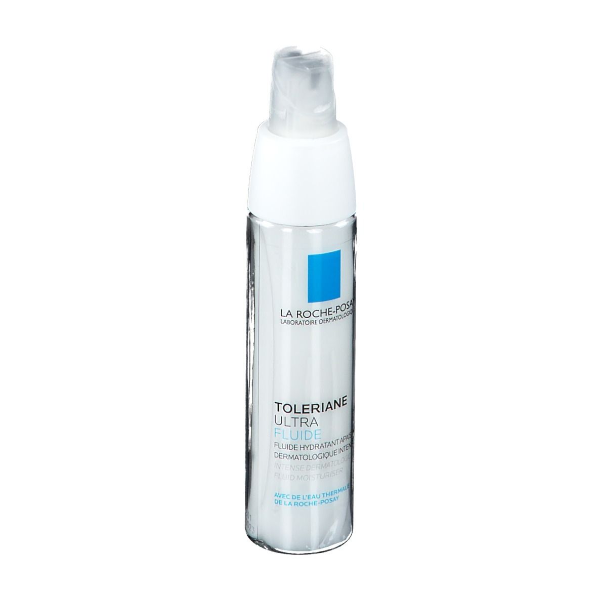 Fles La Roche-Posay Tolerian Ultra Fluide. Wit met blauw accent. Met pompje.
