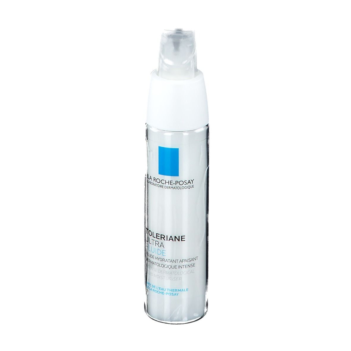 Fles La Roche-Posay Tolerian Ultra Fluide. Wit met blauw accent. Met pompje.