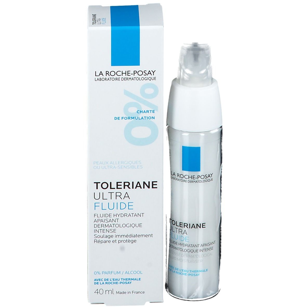 Fles en verpakking La Roche-Posay Tolerian Ultra Fluide. Wit en blauw.