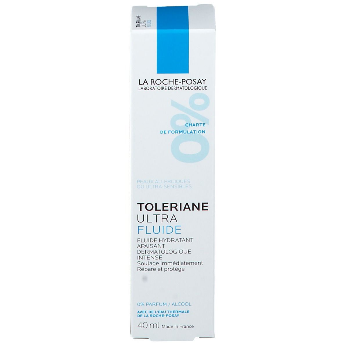 Verpakking La Roche-Posay Tolerian Ultra Fluide. Wit en blauw. Tekst.