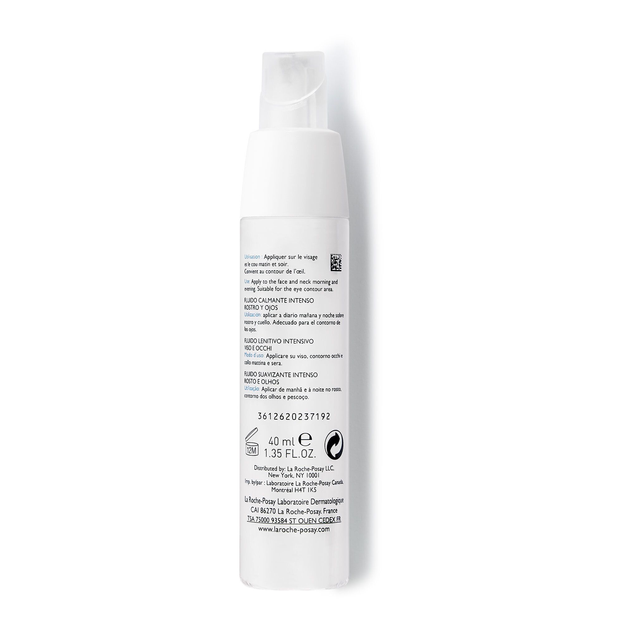 Achterkant witte fles La Roche-Posay Tolerian Ultra Fluide. Tekst en etiket.
