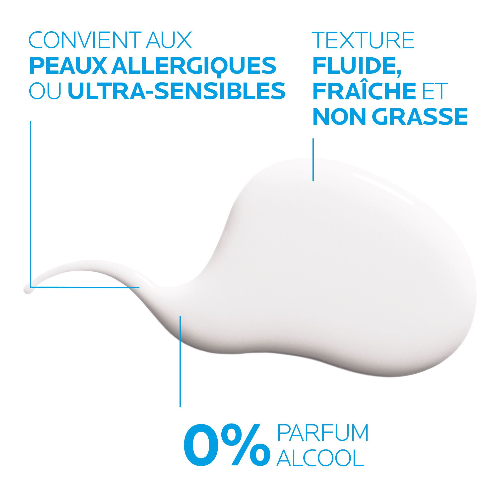 Witte, vloeibare textuur. 0% parfum, alcohol. Voor allergische of ultra-gevoelige huid.