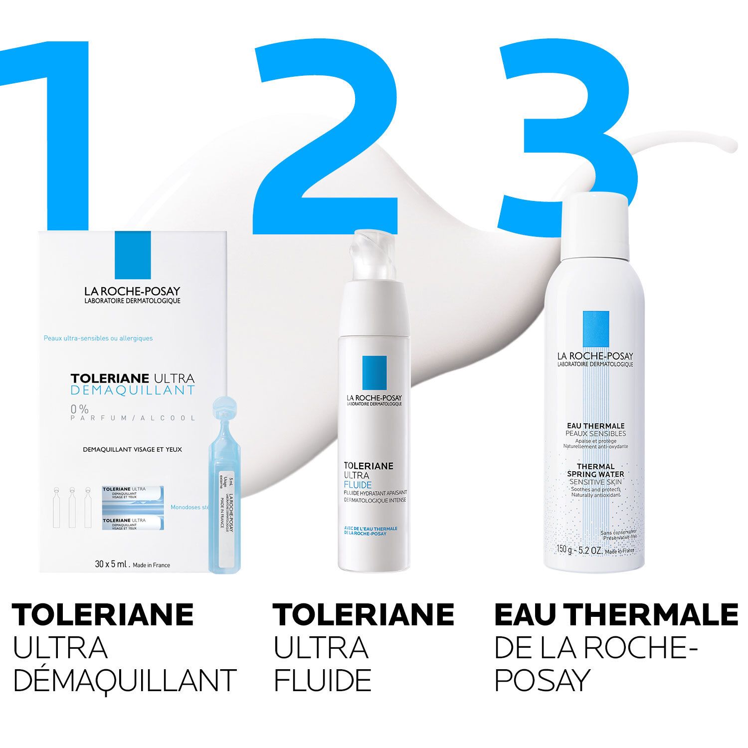 Drie producten: Tolerian Ultra Démaquillant, Tolerian Ultra Fluide, Eau Thermale.