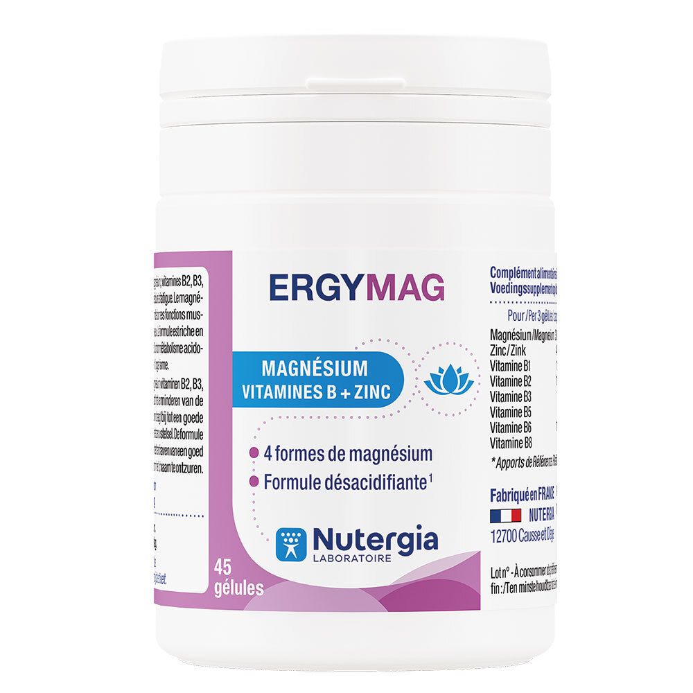 Flacon blanc ERGYMAG. Inscription : Magnésium, Vitamines B + Zinc. 45 gélules. Marque Nutergia.