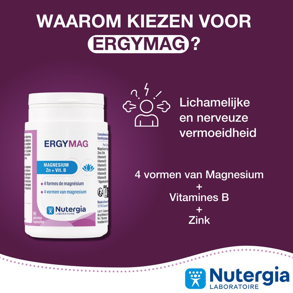 Grafiek: Waarom kiezen voor ERGYMAG? Lichamelijke en nerveuze vermoeidheid. 4 magnesiumvormen, vitaminen B, zink.