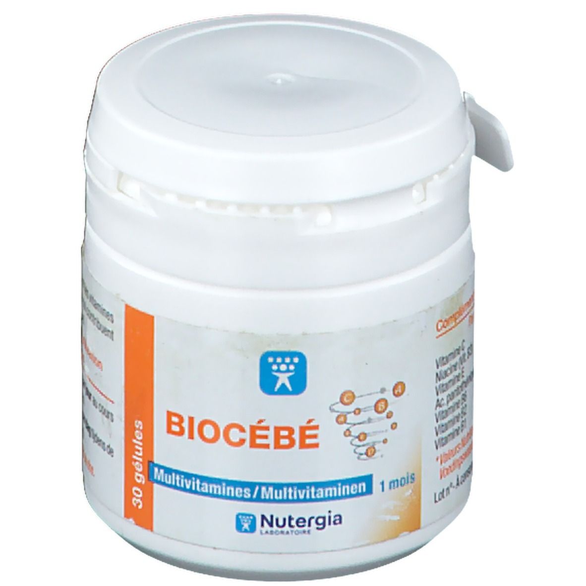 Pot blanc avec couvercle. Inscription "BIOCÉBÉ" et "Multivitamines". Bande orange avec texte. Logo Nutergia.
