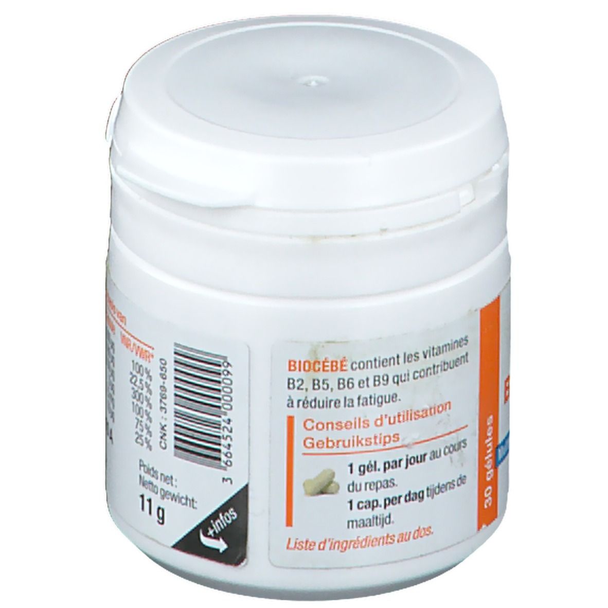 Pot blanc avec couvercle. Inscription "BIOCÉBÉ". Texte avec conseils d'utilisation. Logo Nutergia. Poids : 11g.