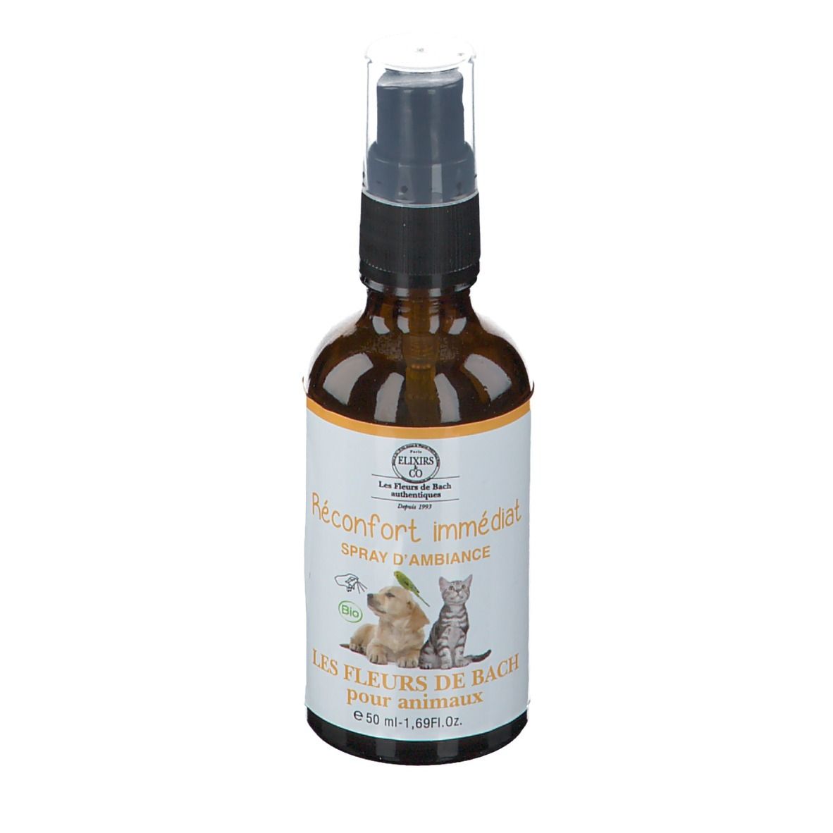 Flacon spray brun avec étiquette blanche. Inscription: Réconfort immédiat, Les Fleurs de Bach pour animaux. Avec chien et chat.
