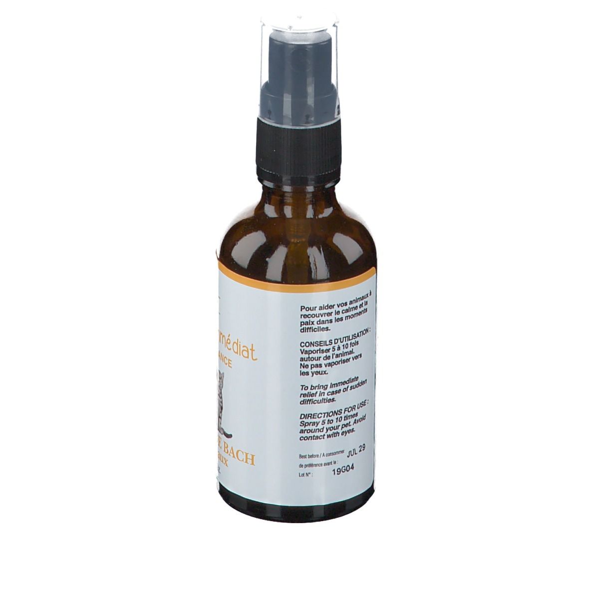 Dos du flacon spray brun avec texte. Inscription: Conseils d'utilisation, Directions for use. Avec date.