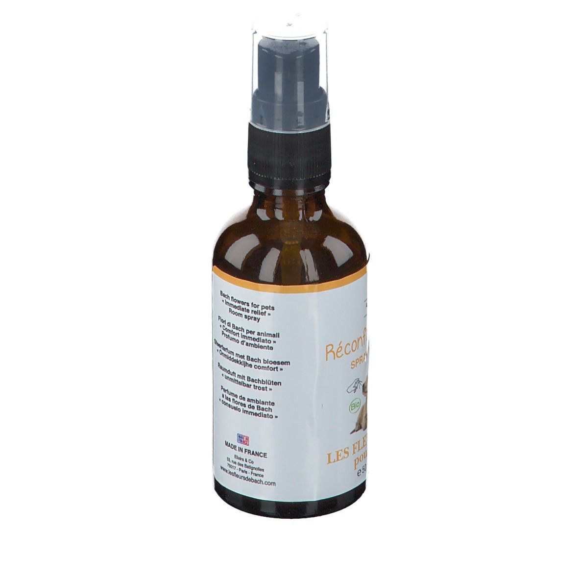 Flacon spray brun avec étiquette blanche. Inscription: Réconfort immédiat, Les Fleurs de Bach pour animaux. Avec chien et chat.