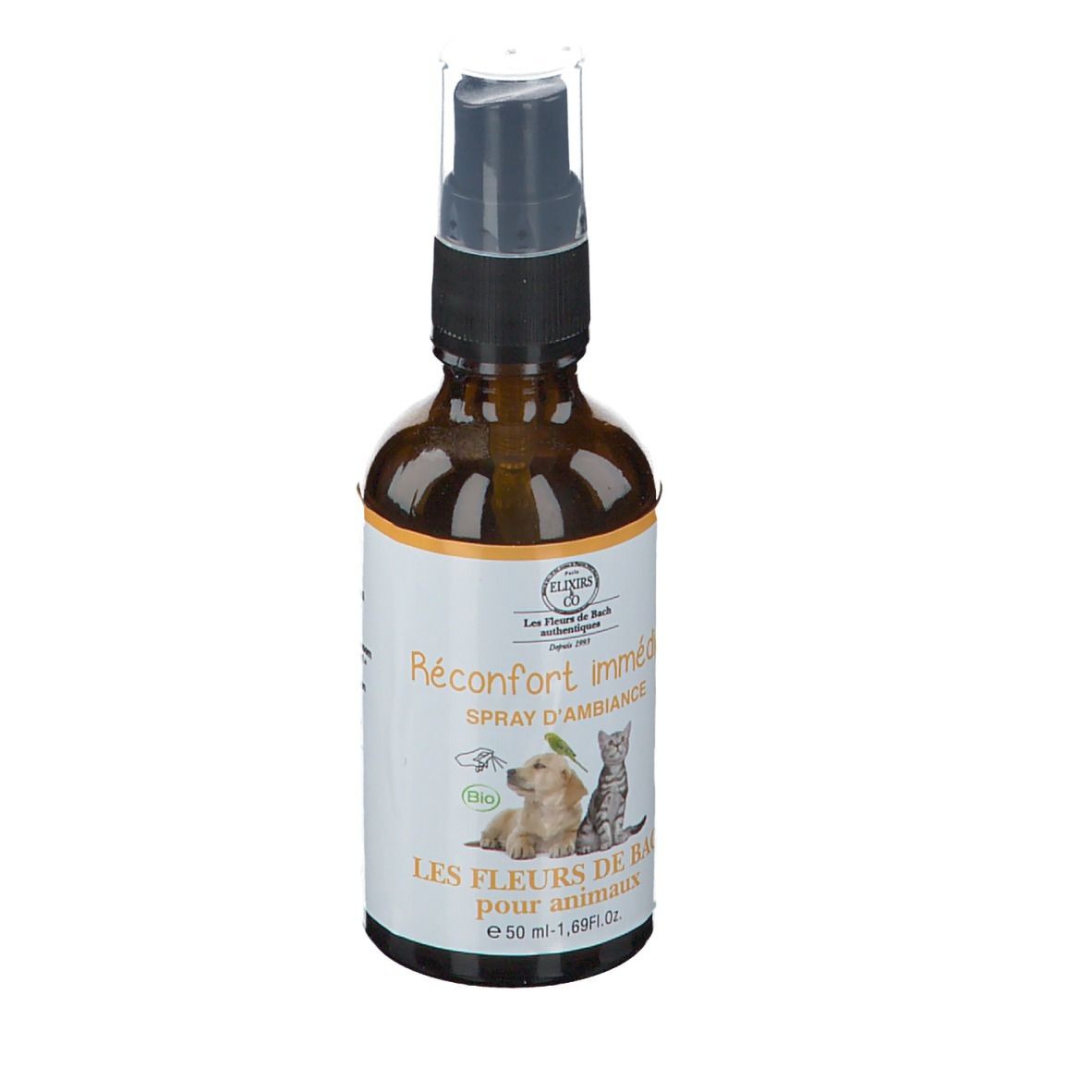 Flacon spray brun avec étiquette blanche. Inscription: Réconfort immédiat, Les Fleurs de Bach pour animaux. Avec chien et chat.