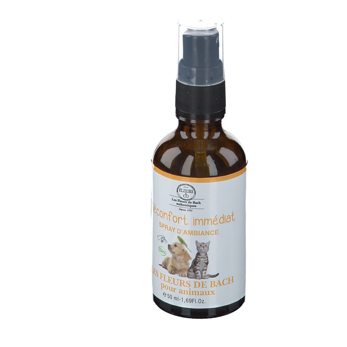 Flacon spray brun avec étiquette blanche. Inscription: Réconfort immédiat, Les Fleurs de Bach pour animaux. Avec chien et chat.