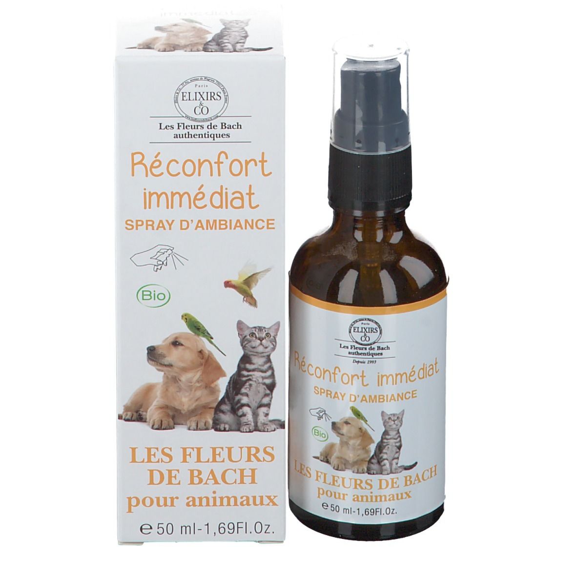 Emballage du produit et flacon spray. Inscription: Réconfort immédiat, Les Fleurs de Bach pour animaux. Avec chien, chat et oiseau.