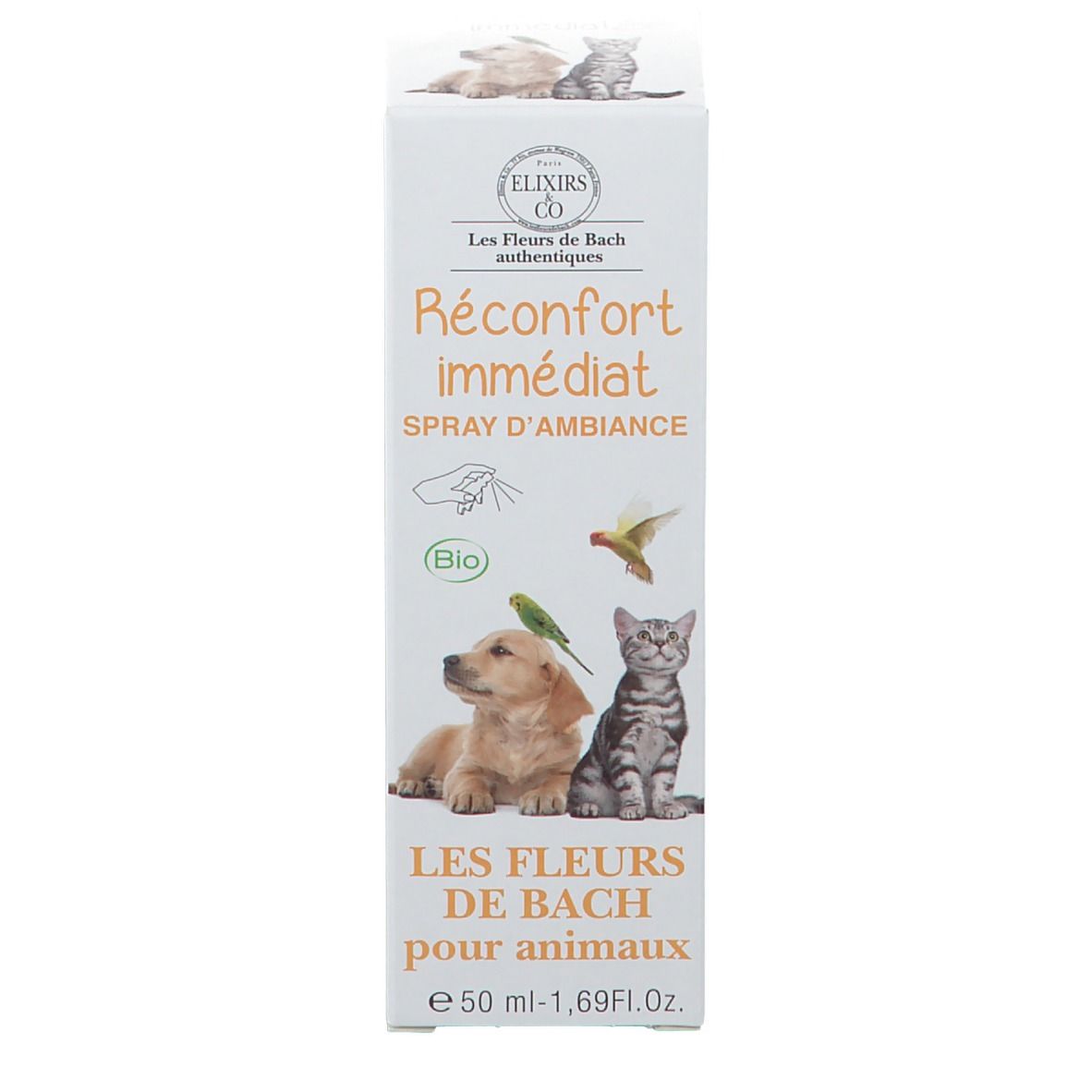 Emballage du produit. Inscription: Réconfort immédiat, Les Fleurs de Bach pour animaux. Avec chien, chat et oiseau. Label bio.