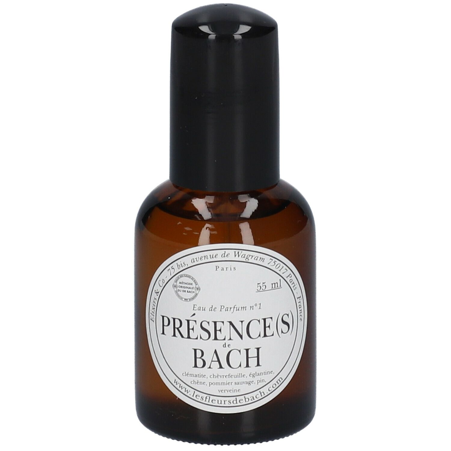 Flacon en verre brun avec bouchon noir. Étiquette avec texte : Présence(s) de Bach Eau de Parfum n°1. 55 ml.