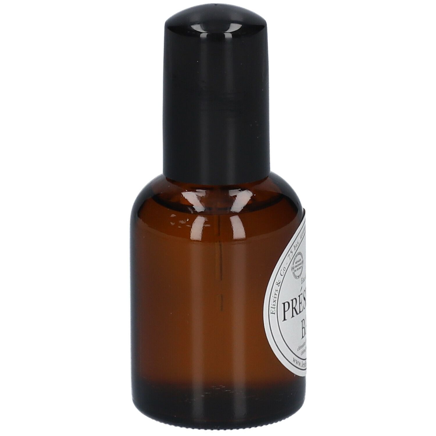 Flacon en verre brun avec bouchon noir. Étiquette avec texte : Présence(s) de Bach Eau de Parfum n°1. 55 ml.