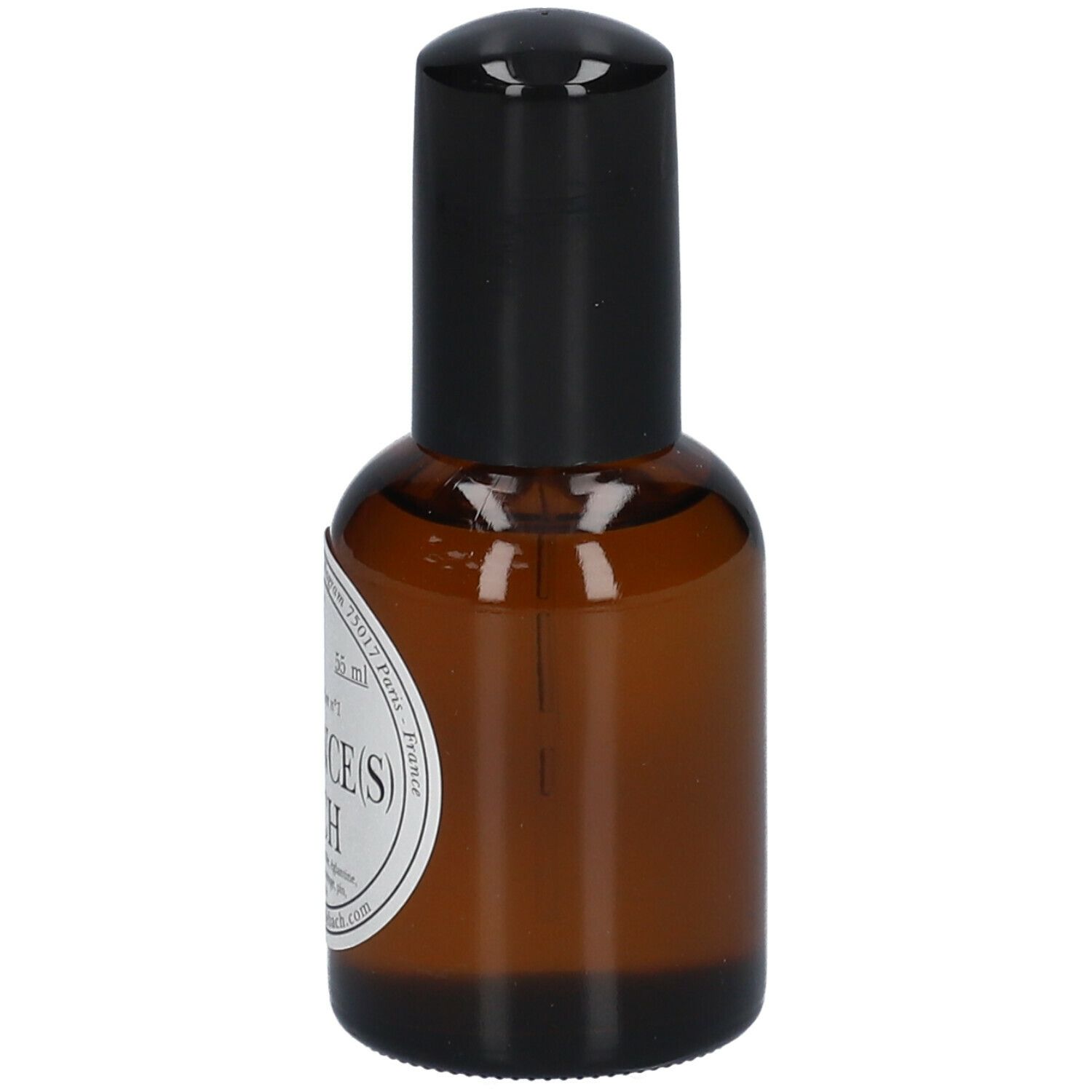 Flacon en verre brun avec bouchon noir. Étiquette avec texte : Présence(s) de Bach Eau de Parfum n°1. 55 ml.
