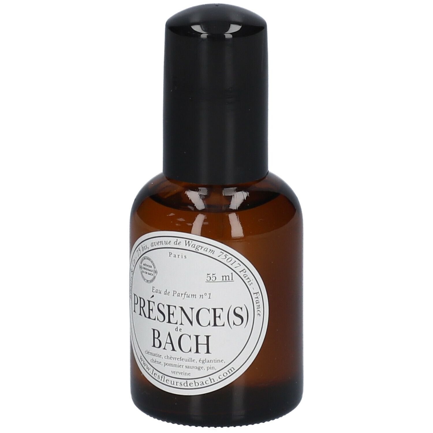 Flacon en verre brun avec bouchon noir. Étiquette avec texte : Présence(s) de Bach Eau de Parfum n°1. 55 ml.