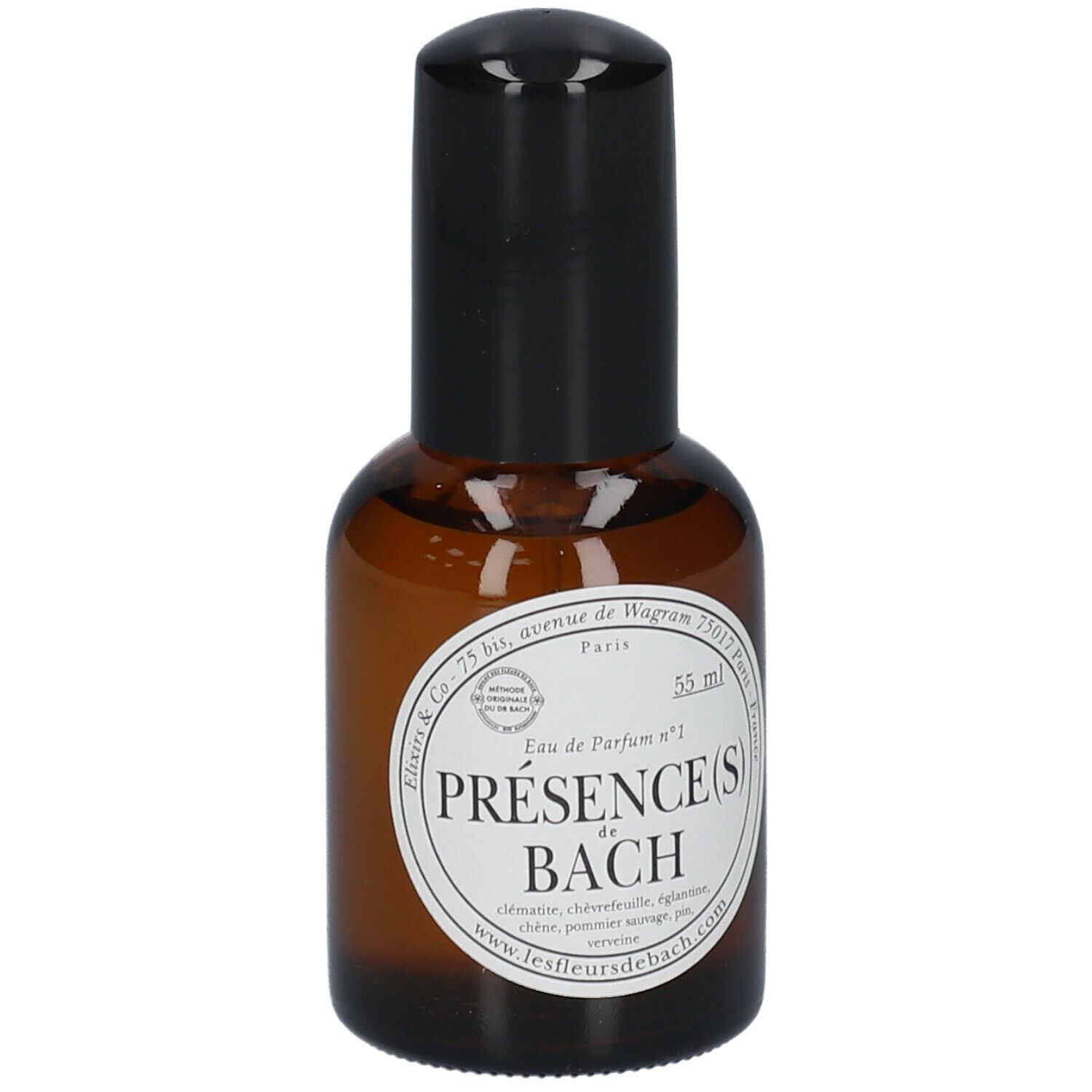 Flacon en verre brun avec bouchon noir. Étiquette avec texte : Présence(s) de Bach Eau de Parfum n°1. 55 ml.