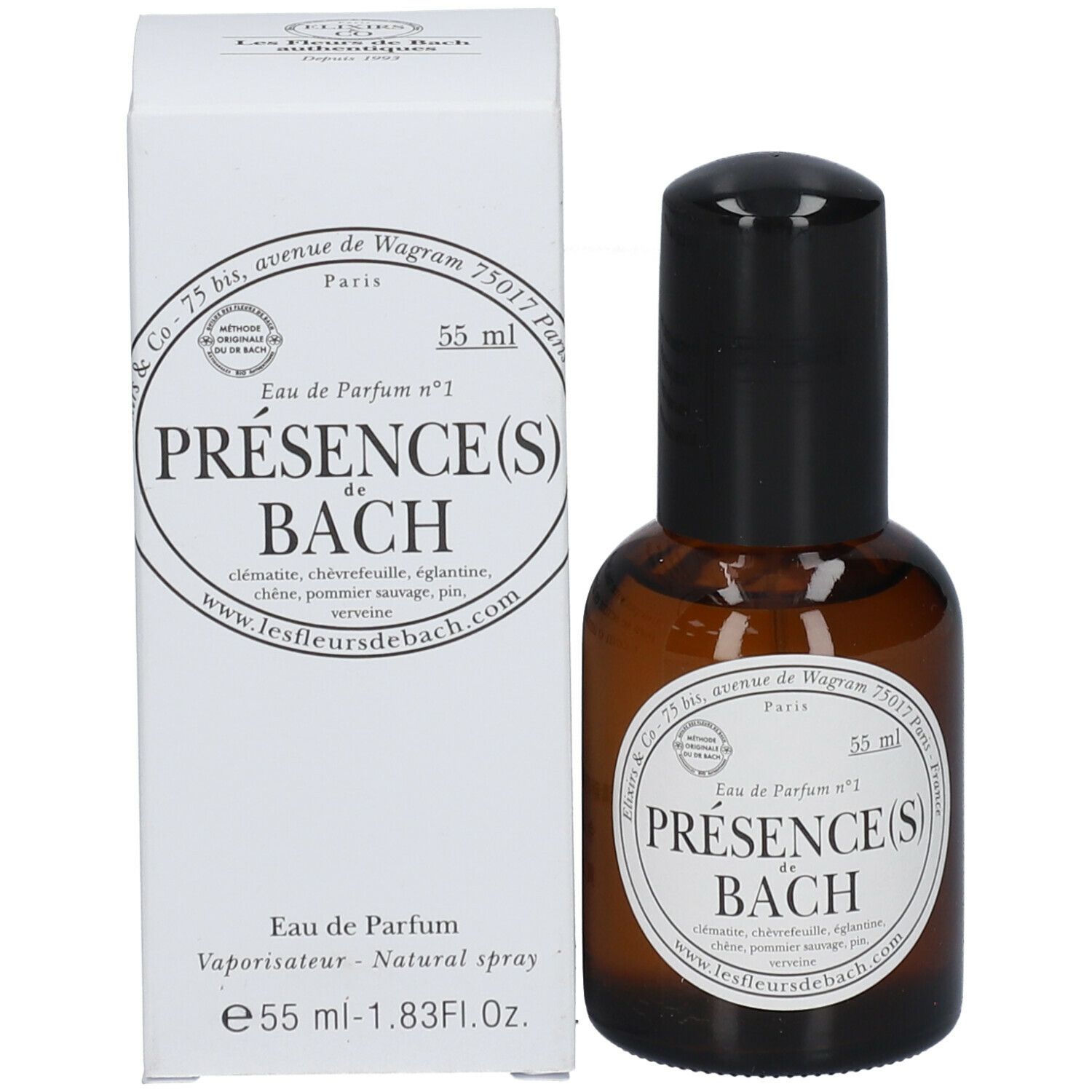 Flacon en verre brun avec bouchon noir et emballage blanc. Étiquette avec texte : Présence(s) de Bach Eau de Parfum n°1. 55 ml.