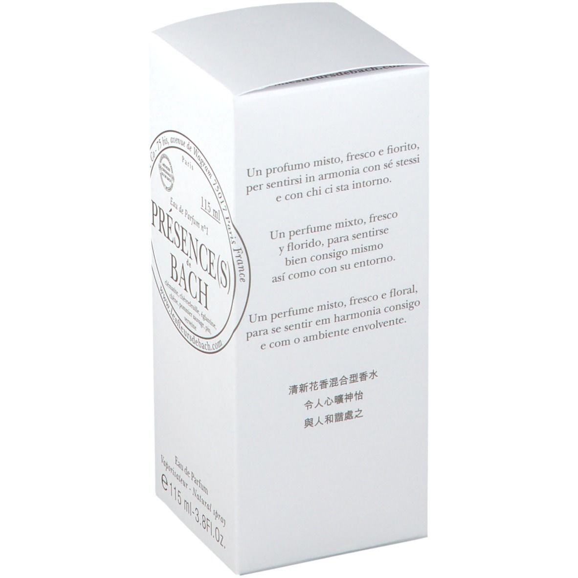 Witte verpakking met meertalige tekst. Présence(s) de Bach Eau de Parfum n°1. 115 ml.